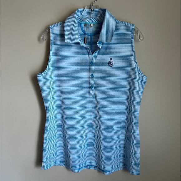 Under Armour Blue/White Striped Heat Gear Fitted Sleeveless Golf Polo Size Large - Picture 1 of 13